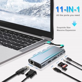 USB C HUB, USB C Adapter 11 in 1 Dongle with 4K HDMI, VGA, Type C PD, USB3.0, RJ45 Ethernet, SD/TF Card Reader, 3.5mm AUX, Docking Station Compatible with...