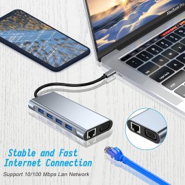 USB C HUB, USB C Adapter 11 in 1 Dongle with 4K HDMI, VGA, Type C PD, USB3.0, RJ45 Ethernet, SD/TF Card Reader, 3.5mm AUX, Docking Station Compatible with...