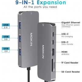  USB C Adapters for MacBook Pro/Air,Mac Dongle with 3 USB Port,USB C to HDMI, USB C to RJ45 Ethernet,MOKiN 9 in 1 USB C to HDMI Adapter,100W Pd Charging, USB...